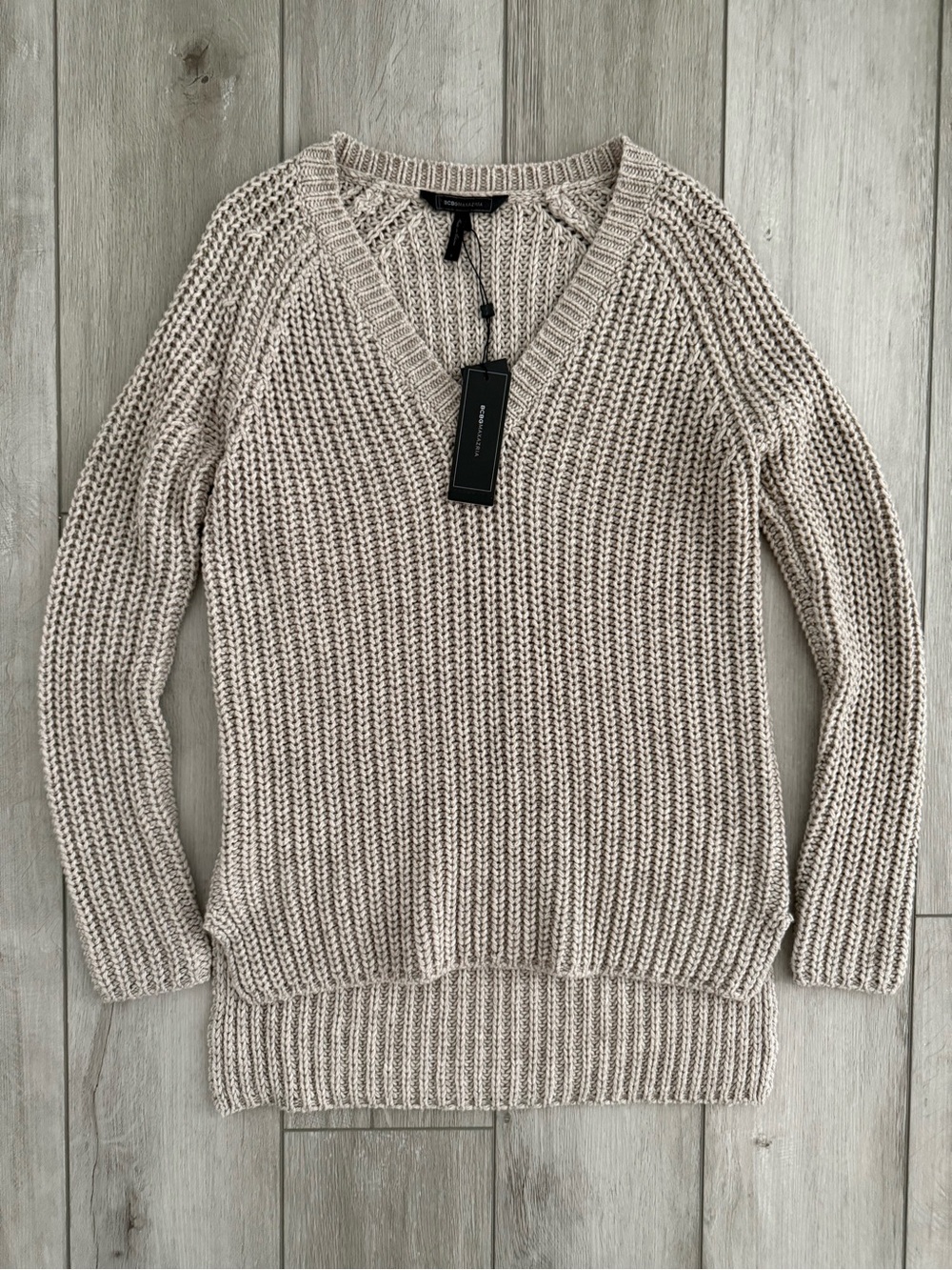BCBGMaxAzria Knit V-Neck Sweater in Light Taupe NWT